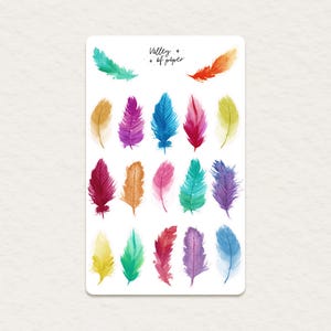 Feuille d'autocollants « Plumes colorées » pour bullet journal, scrapbooking, art journal, carterie