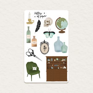 Feuille d'autocollants « Salon de curiosités » pour bullet journal, scrapbooking, art journal, carterie