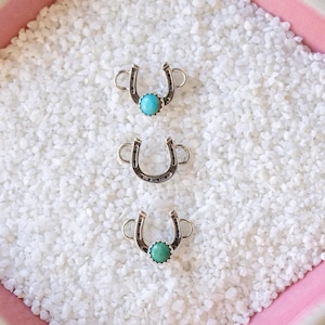 2 Sterling Silver Horseshoe Permanent Jewelry Connectors W/ 4 mm Kingman Turquoise, Western Connectors, Permanent Jewelry