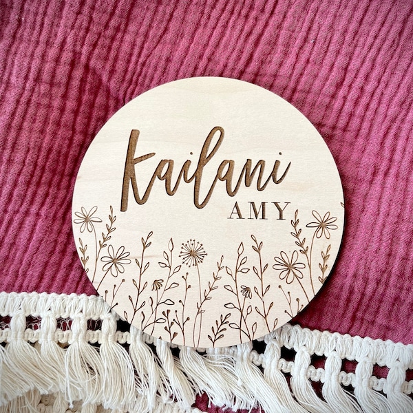 Wild Flower baby name announcement sign| double sided birth announcement| engraved baby name| personalized | baby announcement