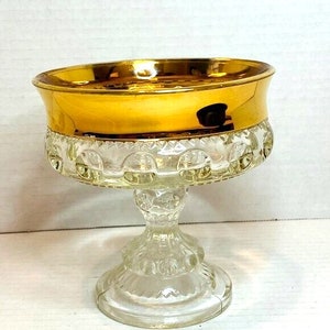 King&#39;s Crown Gold Rim Compote Clear Glass Bowl Dish Pedestal*READ USA BUYERS*