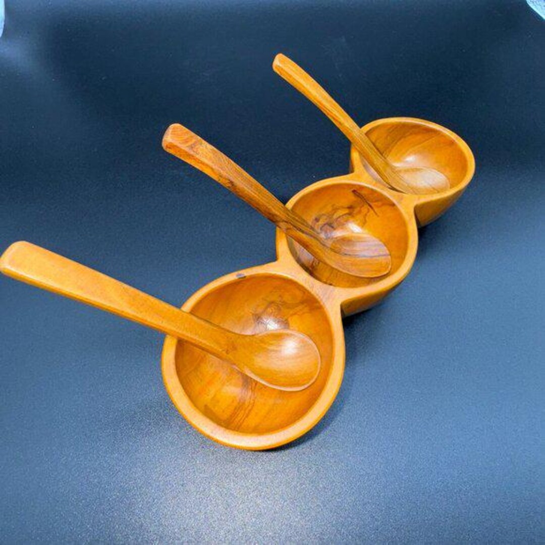 Vintage Wood Condiment, Spices or Nuts Server 3 Partitions and Spoons ...