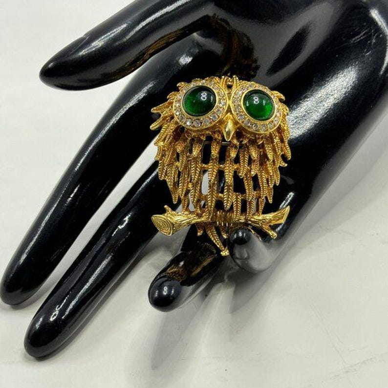 Vintage Gold Tone Owl Brooch Pin Green and Clear Glass Stones Eyes