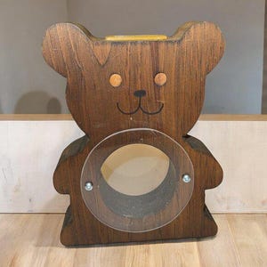Vintage Wood Teddy Bear Coin Bank Clear Lucite Belly Handmade