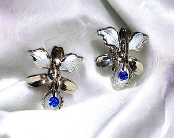 Vintage Screw back Silver Tone Earrings Blue Stone Flower Costume Jewelry Summer Fashion
