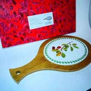 Vintage Oval Wood Board Paddle Ceramic Cheese Pate Cherries by McIntosh, vintage cheese board, charcuterie board, vintage ceramic board