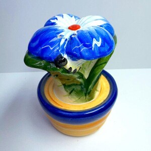 Peut inclure: Un pot de fleurs en céramique bleu et blanc avec un motif de fleur bleue. Le pot a une bordure jaune et une base bleue.