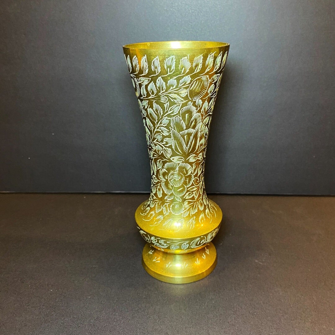 Vintage Brass Flower Vase Etched Floral Pattern India, Small Brass Vase 7 Inches Etsy