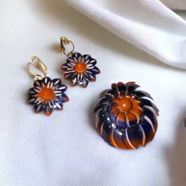 Vintage Clip Earrings and Brooch Set Enamel on Metal Flowers Navy and Orange *read*