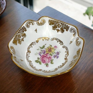 Vintage Mid-Century White Floral Porcelaine de France Bowl Hand Painted Square, Porcelain Floral Dish, Bone China Bowl