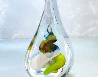 Vintage Hand Blown Clear Art Glass Decor Teardrop Sculpture Multicolored Swirl, Modern Art Glass Decor