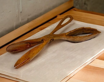 Vintage Eclectic Hand Carved Wooden Salad Serving Tongs Handmade Brown