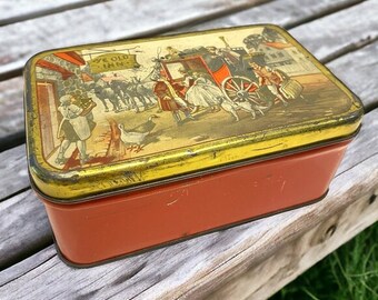 Vintage lege blikken doos container door Pletcher en Pollack Ye-Old Inn Carriage koloniale scène fruitcake