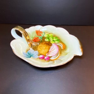 Vintage Porcelain Candy Trinket Dish Fruit Transfer Gold Tone Handle*READ USA BUYERS*
