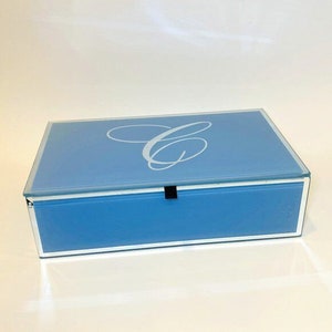 Glass Jewelry Trinket Treasure Jewelry Box Blue Black Velvet Lining, Initial C Box, Beveled Glass Mirror Box, Glass Jewelry Box
