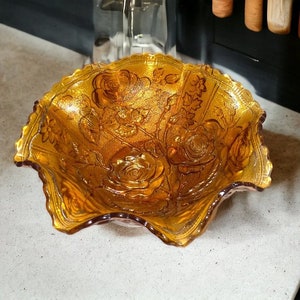 Vintage Imperial Glass Marigold Dish Bowl Ruffles Roses Floral Impressed, Decorative GLass Bowl, Carnival Marigold Glass