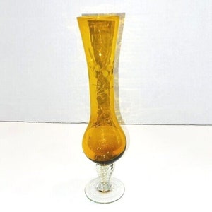 Vintage Amber Gold Glass Bud Etched Flower Vase Pedestal Footed