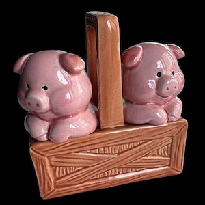 Vintage Ceramic Salt and Pepper Shakers Pink Pigs in a Basket Collectible Farmhouse Table Decor