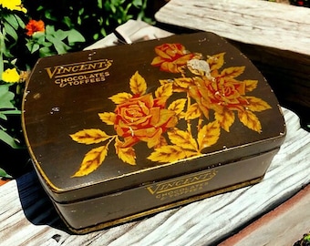 SELTENE Vintage leere Blechdose Behälter Vincent es Chocolates & Toffees Gold Blumen Sammlerstück *lesen*