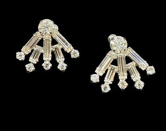 Vintage Clear Rhinestones Screw back Earrings Fan Silver Tone Classic Evening Wedding *USA BUYERS READ*