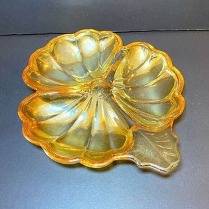 Vintage Orange Glass Clover Leaf shaped Candy Nut Dish