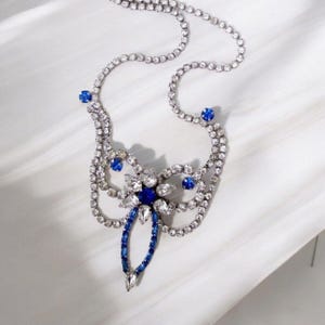 Vintage Statement Necklace Choker by JAY FLEX Clear and Blue Crystal Rhinestones Silver Tone hardware and clasp