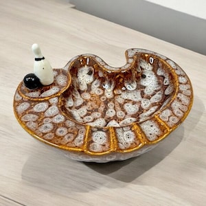 Vintage Ceramic Bowling Ashtray ELBRO JAPAN 989 Glazed Pin Ball Collectible Spotted Brown White