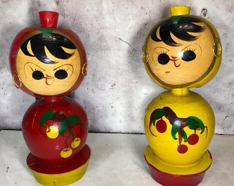 2 Vintage Wooden KOKESHI Dolls Korea Bobble Heads Collectible