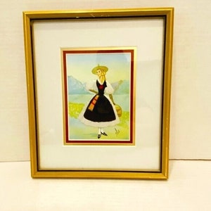 Raro vintage Elsi Gumier seda bordado cartão postal vestidos de vidro emoldurado dos anos 1960