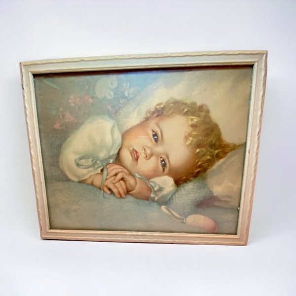 Antique Print Lithograph Baby Sleeping Late 1920's Room Decor Annie Benson Muller Framed Vintage