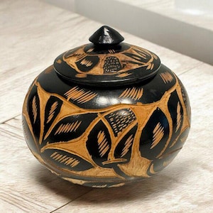 Carved Dark Wood Round Jar Container Bowl Box with Lid Boho Eclectic Decorative *READ USA BUYERS*