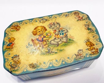 Vintage Mid-Century Tin Box Container Biscuits Gray Dunn Scotland Dog Cat Kitsch Blue Yellow