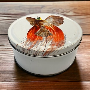 Vintage Birds of Paradise Empty Cookie Cake Tin White Round Farmhouse Decor Collectible