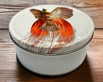 Vintage Birds of Paradise Empty Cookie Cake Tin White Round Farmhouse Decor Collectible
