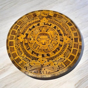 Vintage Handcrafted Wooden Mexican Aztec Mayan Calendar Inlay Mosaic Eclectic Wall Home Decor
