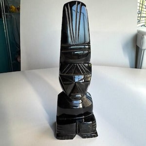 Vintage Black Gold Carved Obsidian Aztec Mayan Figurine Statue Decor Mexico