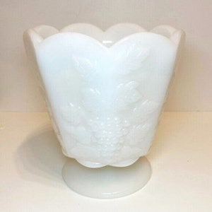 Vintage White Milk Glass Pedestal Vase Dish Grapes Vines Motif, mid-century vase, Milk Glass Dish. Collectible Milk Glass, Candy Dish