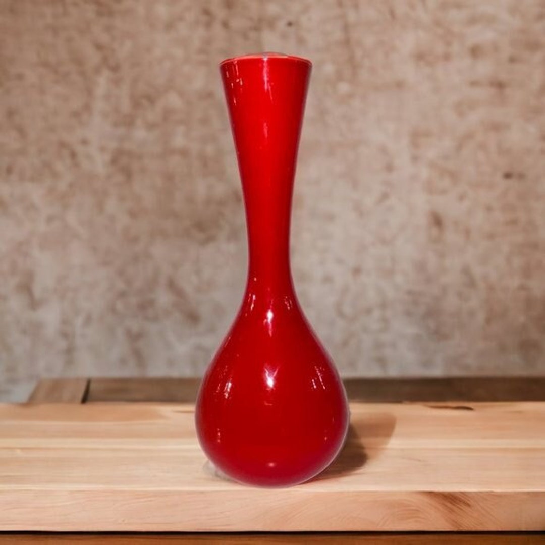 Vintage MCM Deep Orangy Red Cased Red Glass Flower Vase, 1970s Flower