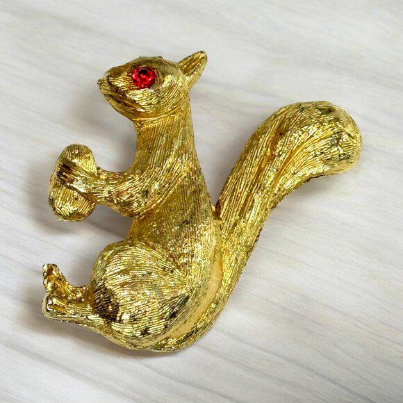 Vintage Squirrel Brooch Gold Tone with Red Rhinestone for an Eye Costume Jewelry Fashion