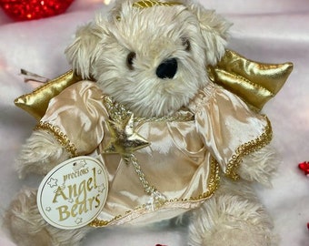 Vintage Christmas Plush 1994 Joelson Soft Beige Teddy Bear Angel Gold Metallic Wings with Tag, Teddy Bear Christmas Angel *READ USA BUYERS*