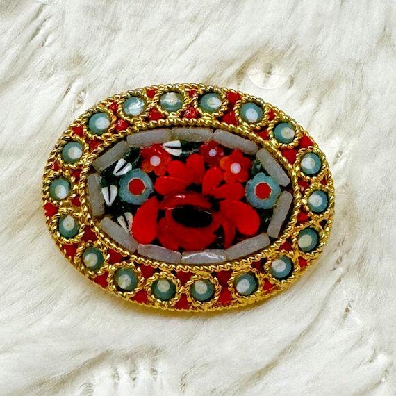 Broche florale vintage en micro mosaïque, bijoux du Grand Tour Italie - Canada