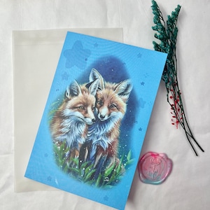 Cartão de felicitações duas raposas/Papel couché (280g)/Cartão dobrável impressão de pintura acrílica