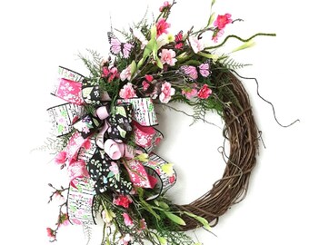 Floral Welcome Wreath, Summer Floral Grapevine, Farmhouse Wreath, Everyday Wreath, Floral Front Door Wreath, Pink Floral Wreath, Mother Gift