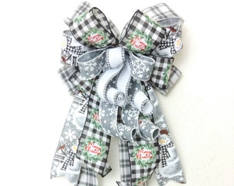 Christmas Snowman Bow, Christmas Farmhouse Bow, Lantern Bow, Wreath Bow, Buffalo Plaid Bow, Snowman Bow, Christmas Decor, Tree Topper Bow