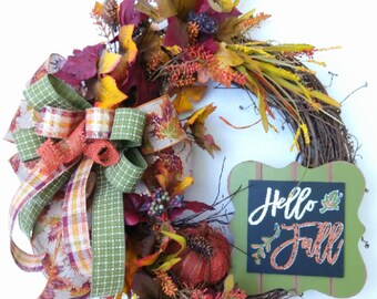 SALE, Fall Pumpkin Grapevine Wreath: Handmade Hello Fall Door Decor