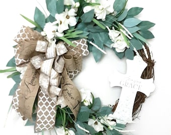 Amazing Grace Wreath, Religious Wreath, Floral Grapevine Wreath, Religious Floral Wreath, Floral Cross Wreath, Welcome Wreath, Mother Gift