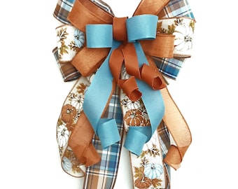 Fall Pumpkin Bow: Smoke Blue & Orange Plaid, Rustic Decor