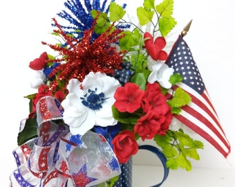 Patriotic Centerpiece, Summer Floral, Flag Centerpiece, Patriotic Decor, Independence Day, 4th of July, Red White and Blue, Patriotic Floral