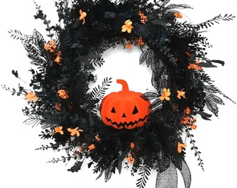 Black Halloween Wreath: Jack-o'-Lantern, Orange Floral Decor