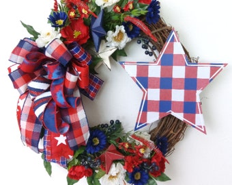 SALE, Patriotic Wreath, Patriotic Grapevine Wreath, Summer Floral Wreath, 4th of July, Independence Day, Patriotic Floral, Summer Wreath